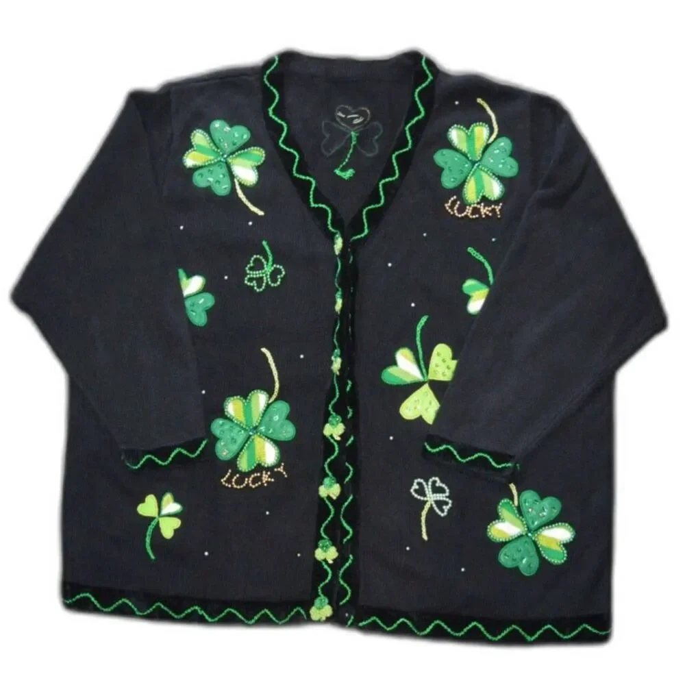 Vintage Quacker Factory Sweater Cardigan XL Plus Shamrock St Patrick's Day Irish